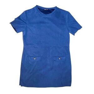 Zara Short Sleeve Blue Faux Suede Shift Dress Front Pockets Size Large